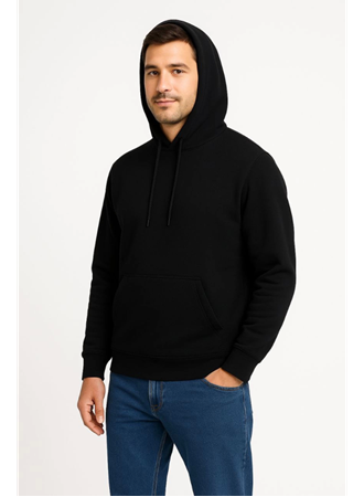 Erkek Üç İplik Kapüşonlu Kanguru Cepli SweatShirt Hoodie - Siyah