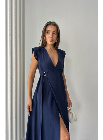 KRUVAZE VATKALI KOLSUZ ELBİSE MODAL KUMAŞ - Lacivert