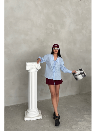 OKUL YAKA POPLİN GÖMLEK İP BAĞLAMA DETAYLI - Bebe Mavi