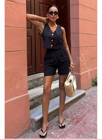 Mini Yelekli Şortlu Keten Takım 10176-08