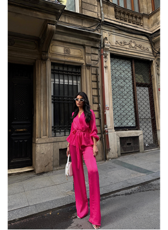 SATEN KRUVAZE BAĞLAMALI BLUZ- PANTOLON TAKIM - Fuşya