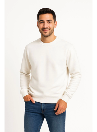 Erkek Üç İplik Düz Bisiklet Yaka SweatShirt - Beyaz
