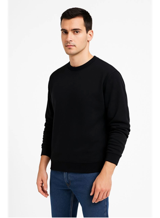 Erkek Üç İplik Düz Bisiklet Yaka SweatShirt - Siyah