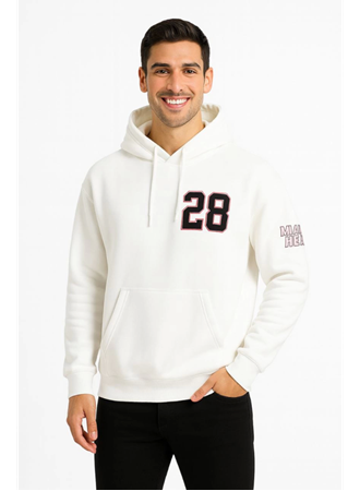 Üç İplik Kapüşonlu Ön Ve Arka Baskılı SweatShirt Hoodie - Beyaz