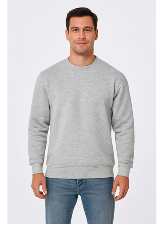 Erkek Üç İplik Düz Bisiklet Yaka SweatShirt - Gri