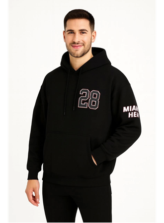 Üç İplik Kapüşonlu Ön Ve Arka Baskılı SweatShirt Hoodie - Siyah