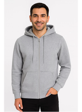 Erkek Üç İplik Kapüşonlu Tam Fermuarlı Kanguru Çepli SweatShirt Hoodie - Gri