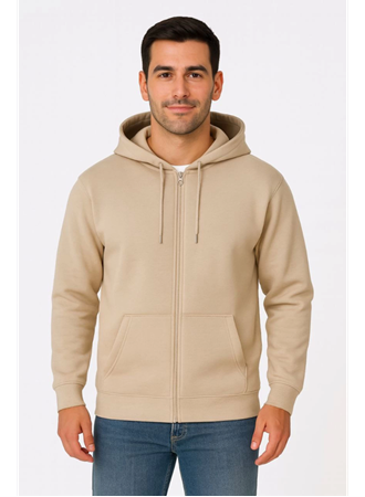 Erkek Üç İplik Kapüşonlu Tam Fermuarlı Kanguru Çepli SweatShirt Hoodie - Bej