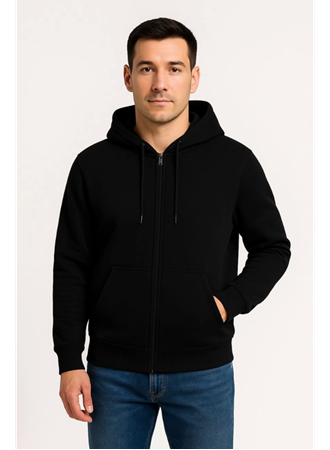 Erkek Üç İplik Kapüşonlu Tam Fermuarlı Kanguru Çepli SweatShirt Hoodie - Siyah