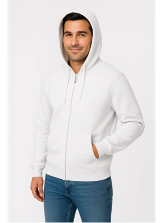 Erkek Üç İplik Kapüşonlu Tam Fermuarlı Kanguru Çepli SweatShirt Hoodie - Beyaz