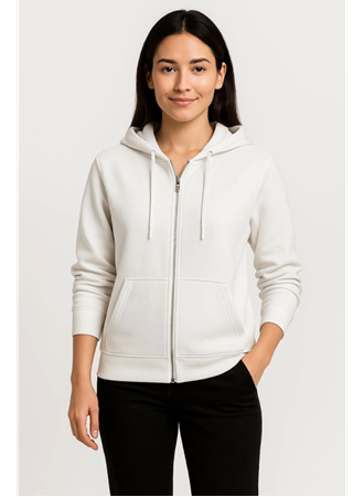 Üç İplik Kapüşonlu Tam Fermuarlı Kanguru Çepli SweatShirt Hoodie - Beyaz