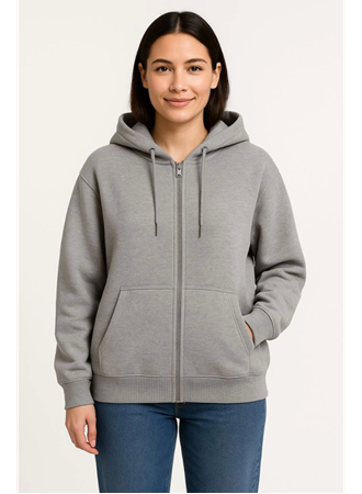 Üç İplik Kapüşonlu Tam Fermuarlı Kanguru Çepli SweatShirt Hoodie - Gri