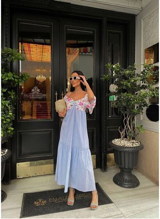 RENKLİ NAKIŞ DESENLİ ELBİSE - Mavi