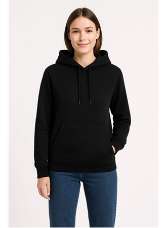 Üç İplik Kapüşonlu Kanguru Çepli SweatShirt Hoodie - Siyah