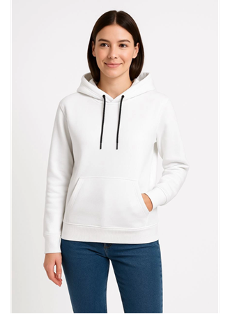Üç İplik Kapüşonlu Kanguru Çepli SweatShirt Hoodie - Beyaz