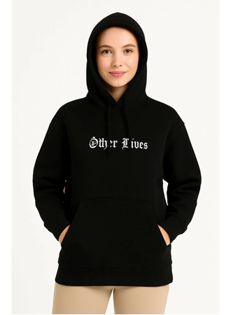 Üç İplik Kapşonlu ön Ve Arka Baskılı SweatShirt Hoodie- Siyah