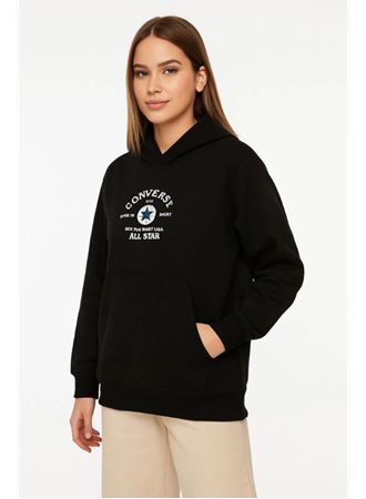 Üç İplik Kapşonlu ön Ve Arka Baskılı SweatShirt Hoodie- Siyah
