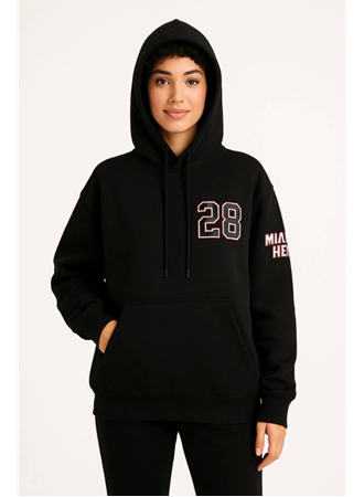 Üç İplik Kapüşonlu Ön Ve Arka Baskılı SweatShirt Hoodie - Siyah