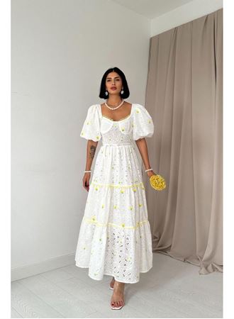 Sarı Dantel Detaylı Brode Elbise