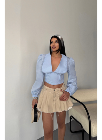 CROP POPLİN GÖMLEK YAKA KENAR DANTEL DETAYLI - Bebe Mavi