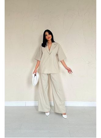 Bej Önü Tek Düğmeli Ceket Pantolon Takım