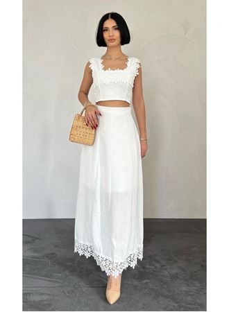 Beyaz Güpürlü Crop Ve Etek Takım