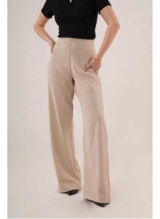 Bol Paça Yandan Fermuarlı Krem Kumaş Pantolon