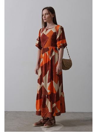 Desenli Balon Kol Kloş Elbise - Kahve