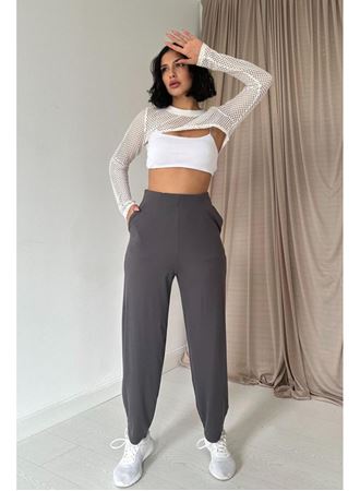 Füme Pensli Lastik Detaylı Pantolon