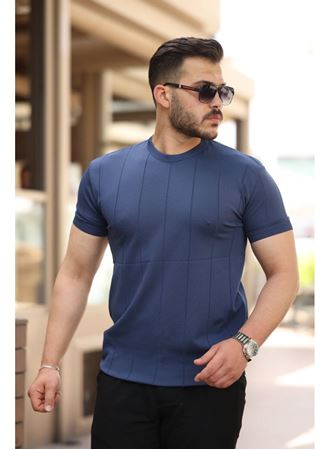 Erkek Ince çizgi Dokulu Bisiklet Yaka Kısa Kollu T-shirt