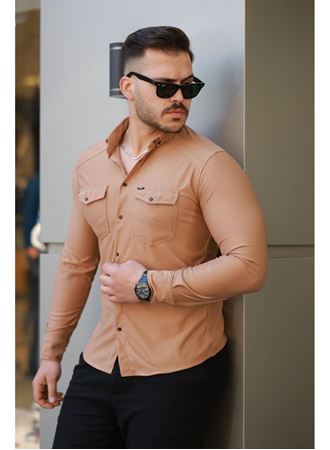 Erkek çift Cepli çıtçıt Düğmeli Uzun Kollu Gömlek