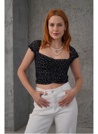 Puantiyeli Belden Oturtmalı Tül Siyah Bluz