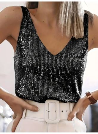 Pul Payetli Sıfır Kol Bluz -Siyah