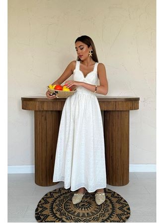 Ekru Dantel Detaylı Askılı Elbise