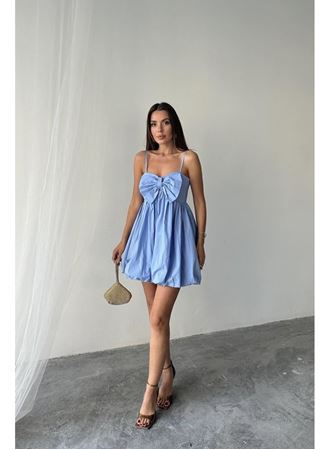 Mavi Önü Fiyonklu Askılı Elbise
