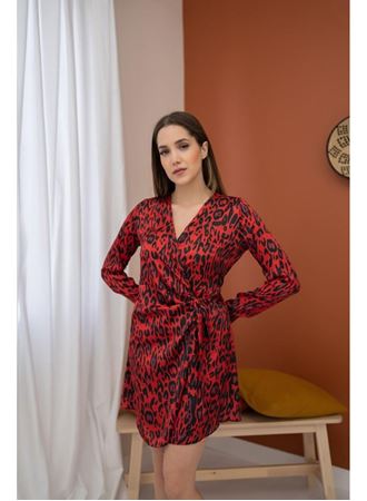 Kırmızı Leopar Desenli Saten Elbise