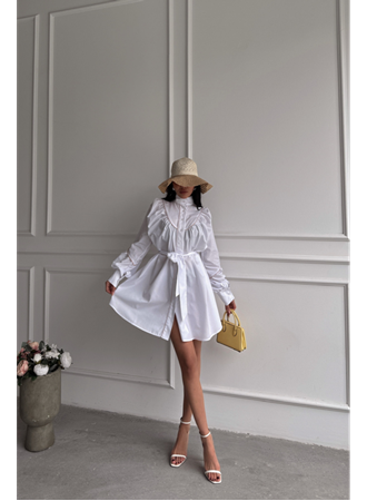 ÖNDEN DÜĞMELİ POPLİN KLOŞ ELBİSE BAĞLAMA KEMER DETAYLI - Beyaz