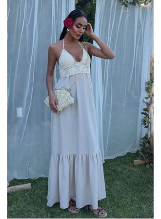 Göğsü Trikolu Keten Uzun Elbise 2904-08