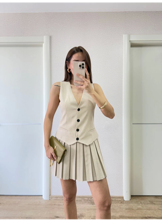 Takım Görünümlu Yelekli Mini Elbise- Bej