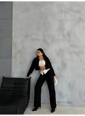 KETEN GÖMLEK-CROP-SALAŞ PANTOLON TAKIM - Siyah