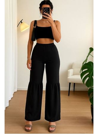 Kadın Yüksek Bel Parça Detay Bol Paça Pantolon