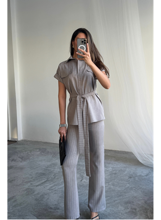 ÇİZGİLİ POLYVİSKON BLUZ - PANTOLON TAKIM - Gri