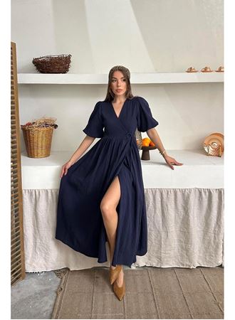 Lacivert Müslin Uzun Elbise