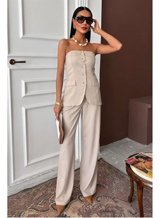 Straplez Büstiyerli Plazzo Pantolonlu Çizgili Takım 10151