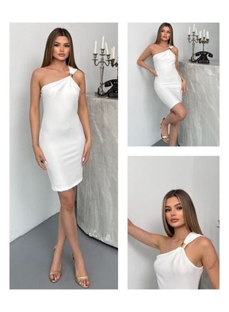 Kadın Ottoman Kumaş Tek Omuz Askılı Toka Detaylı Mini Boy Elbise