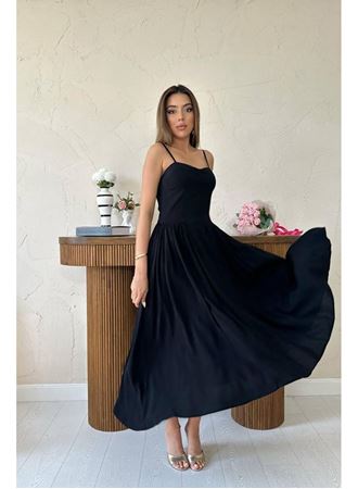 Siyah Göğüs Kuplu Uzun Büzgülü Elbise