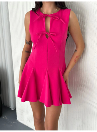 Göğüs Bağlamalı Kolsuz Mini Boy Elbise - Pembe