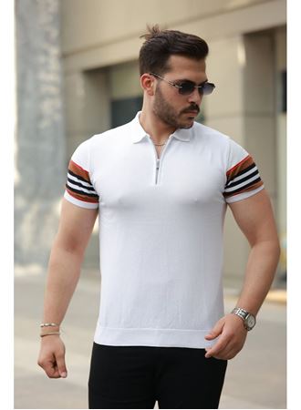 Erkek Fermuar Yakalı Kolları Desenli Kısa Kollu Tişört