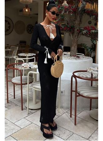 Püskül Bağcık Detaylı V Yaka Ajurlu Elbise 2850