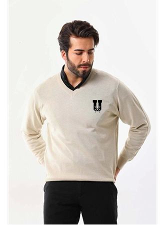 Baskılı V Yaka Uzun Kol Dokuma Triko - Bej